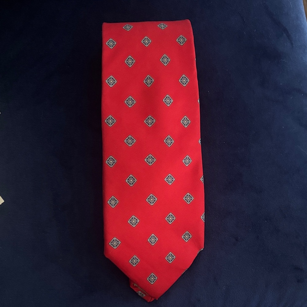 Dior Red Silk Tie with Navy and White Medallions